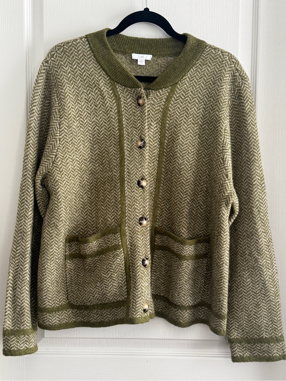 J. Jill Olive Green Herringbone Button-Front Cardigan